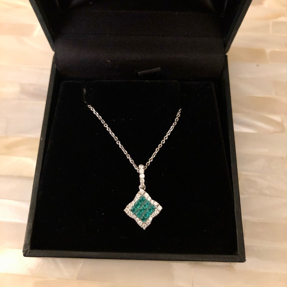 Genuine Emerald & Diamond Gemstone 18K White Gold Pendant with Chain